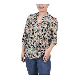 NY Collection Petite 3/4 Roll Tab Sleeve Y Neck Top